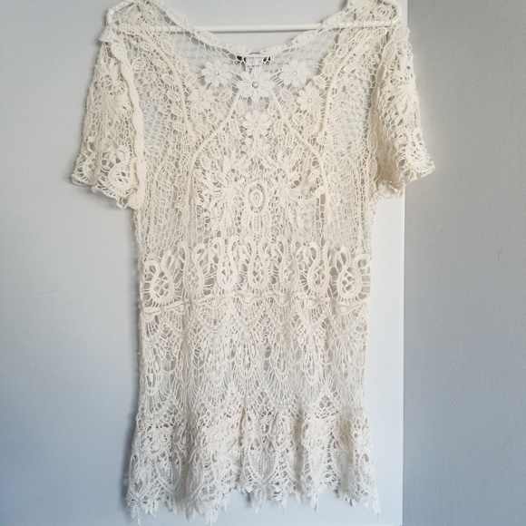 Ultra pink lace shirt women's large cream top - Picture 3 of 3